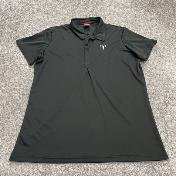 Tesla Performance Stretch Polo Shirt Womens Large Black Hidden Button Ladies - Picture 1 of 12